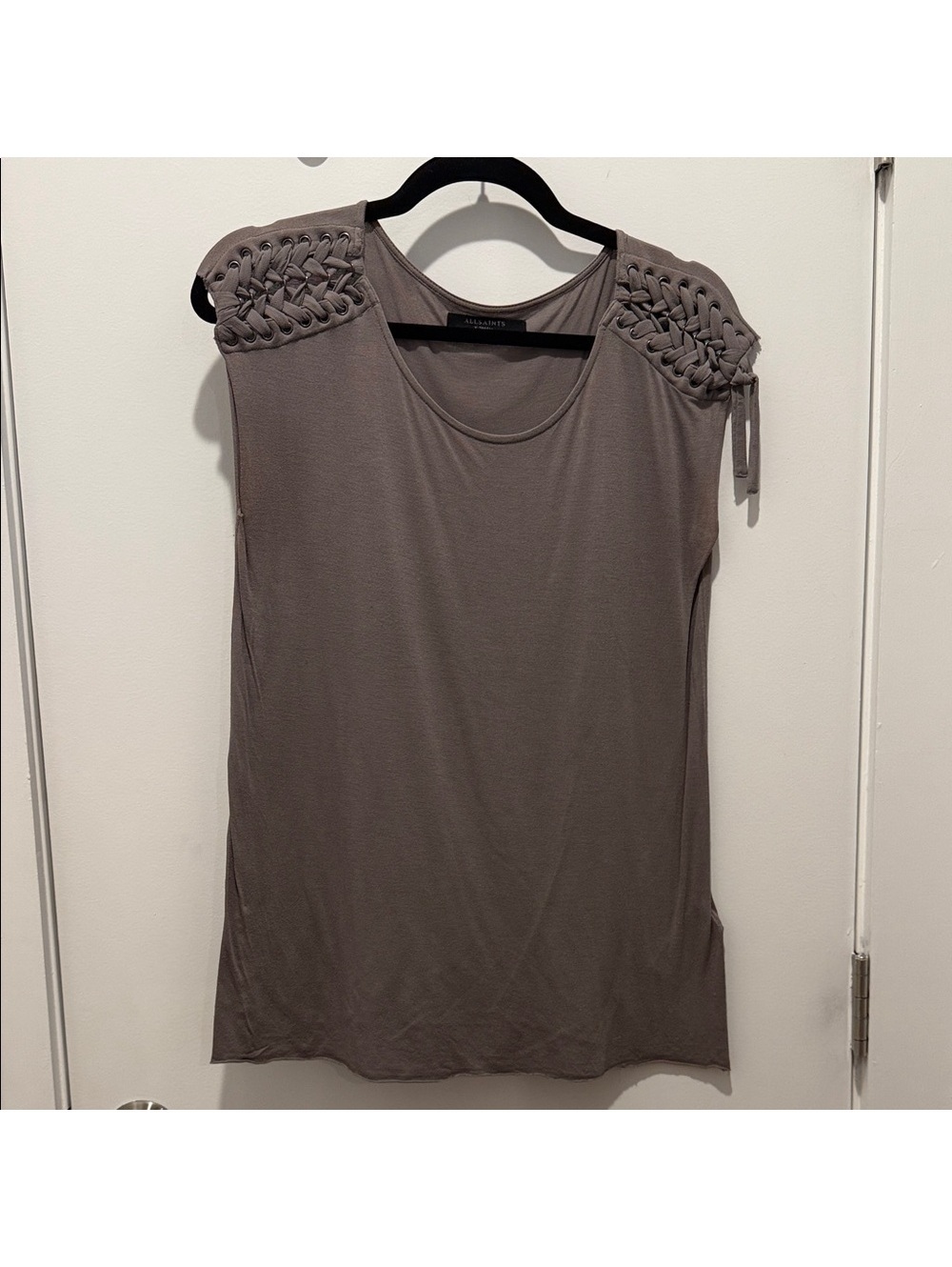All Saints Taupe Sleeveless Blouse with Braided Shoulders